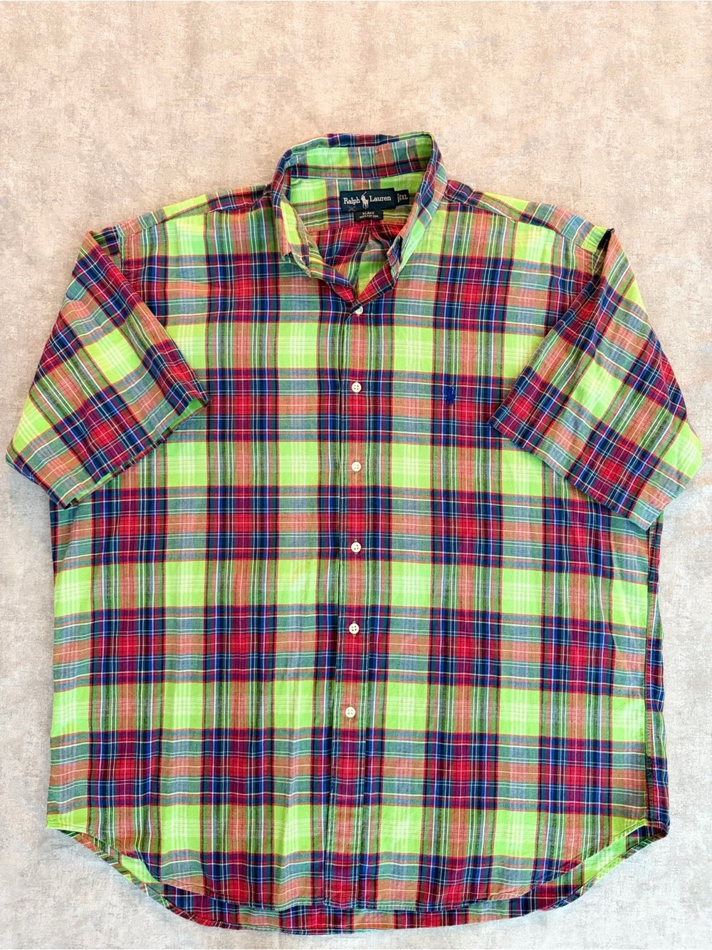 Ralph Lauren Neon Green and Red Plaid Short-Sleeve Button-Down Shirt